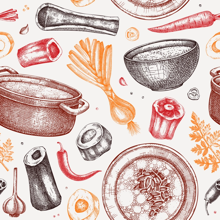 Healthy food background. Marrow bone broth, hot soup served on plates, pans, bowls, vegetables, organ meat, marrow bones sketches. Hand drawn vector illustrations. Homemade food seamless pattern